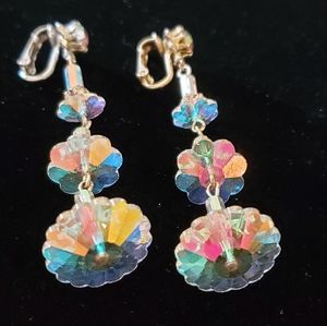 Margarita Aurora Borealis Triple Tier Clip-on Earrings Long 60's Vibrant Glowing